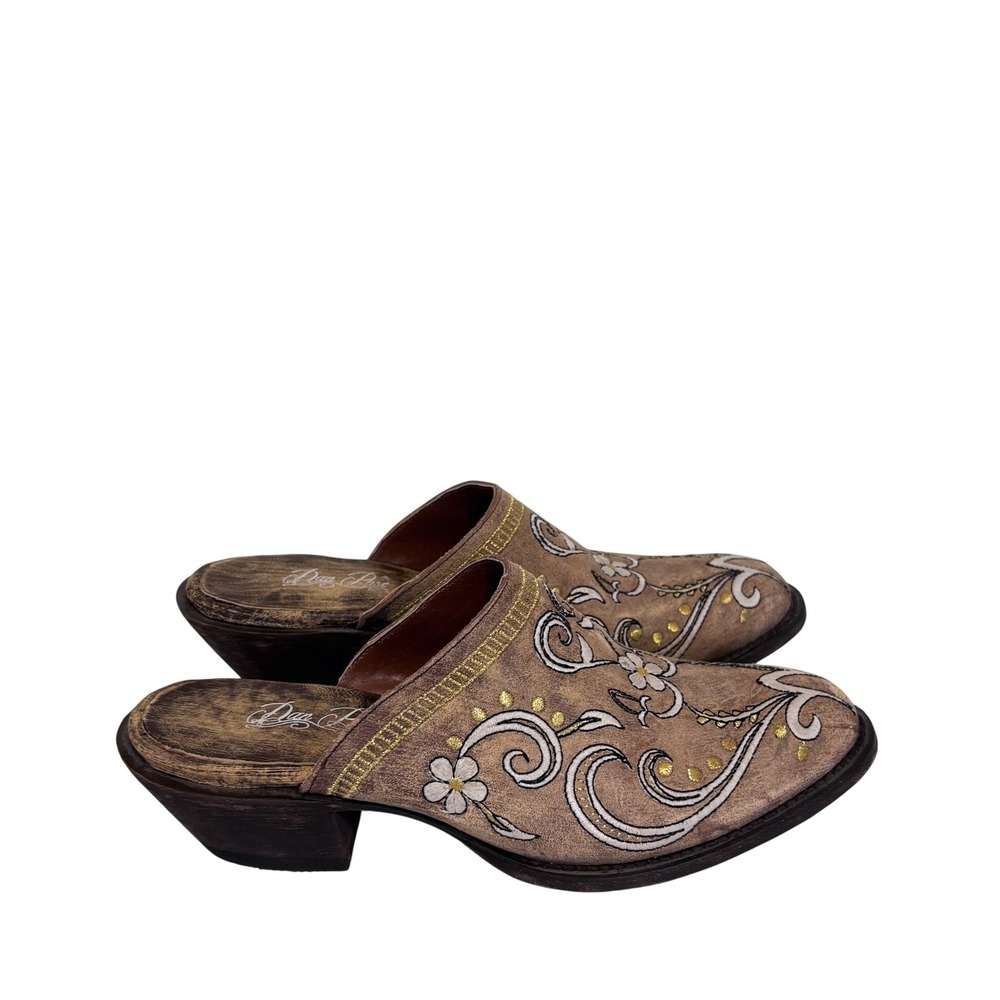 Dan Post Womens Western Boho Embroidered Floral Clog Mules Size 8.5M Tan Leather